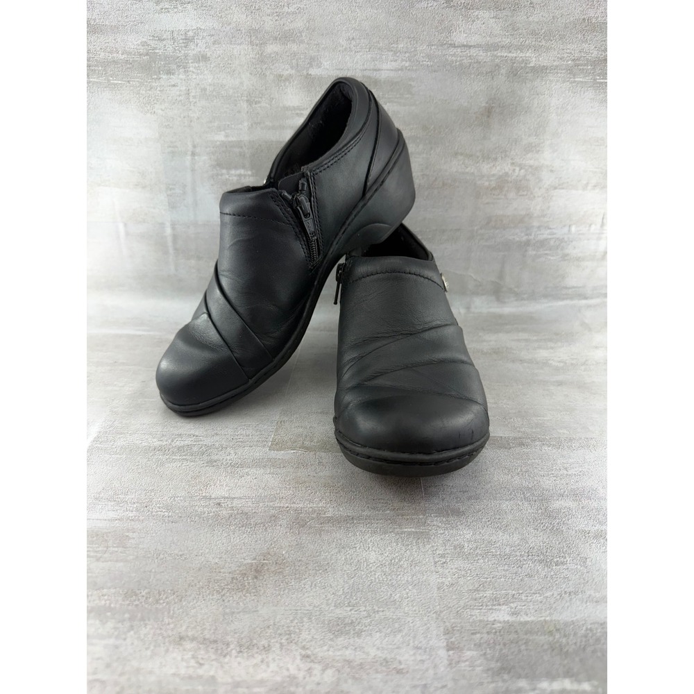 Clarks Women Black Leather Zip Ankle Booties Low Wedge Heel Sz 7M 261133414045